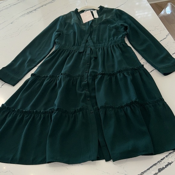 Calie Paris Green Ruffled Dress Sheer Scalloped Fabric At Chest sz.40 or M NWT - Picture 3 of 13